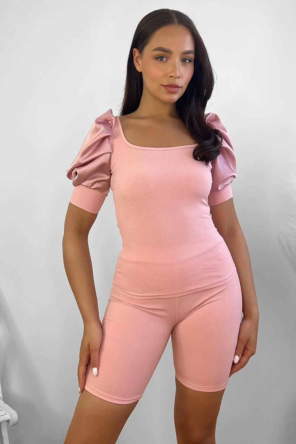 Puff Sleeve Top And Cycling Shorts Set