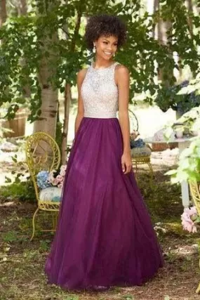 Purple Chiffon Round Neck Sequins Long Sleeveless Floor-Length Prom Dresses