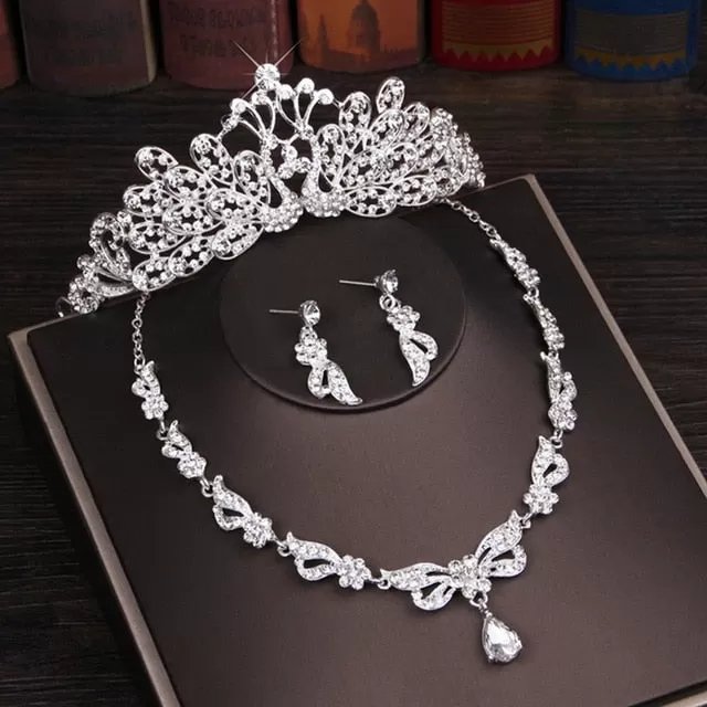 Rhinestone, Crystal and Butterfly Tiara, Necklace & Earrings Wedding Prom Jewelry Set