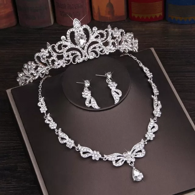 Rhinestone, Crystal and Butterfly Tiara, Necklace & Earrings Wedding Prom Jewelry Set