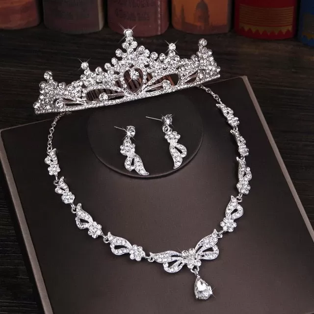 Rhinestone, Crystal and Butterfly Tiara, Necklace & Earrings Wedding Prom Jewelry Set