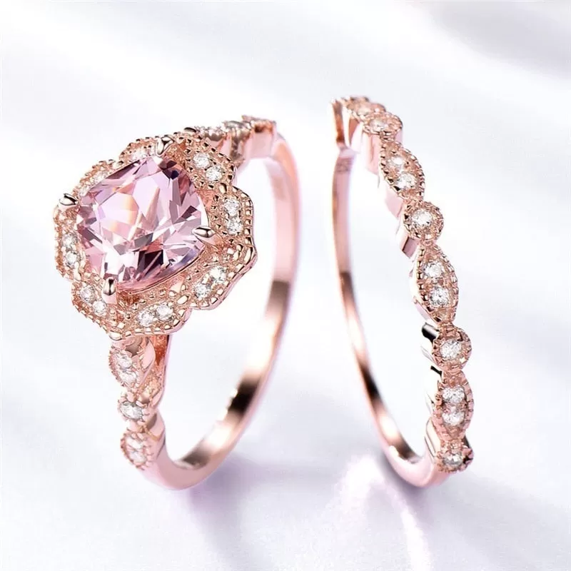 Rose Gold Cubic Zirconia & Rhinestone and Brushed Wedding Ring Set