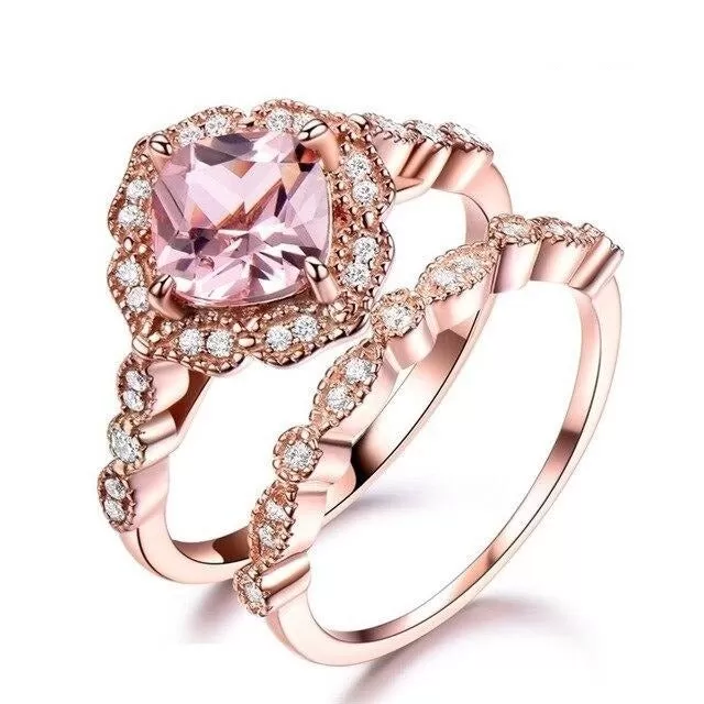 Rose Gold Cubic Zirconia & Rhinestone and Brushed Wedding Ring Set