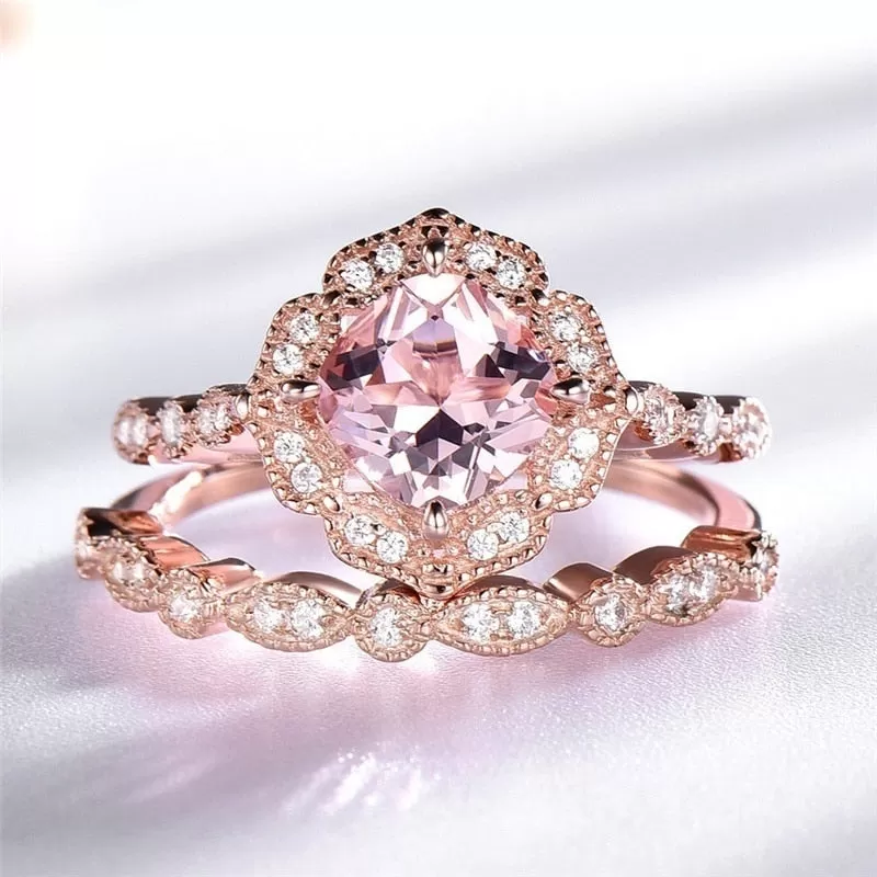 Rose Gold Cubic Zirconia & Rhinestone and Brushed Wedding Ring Set