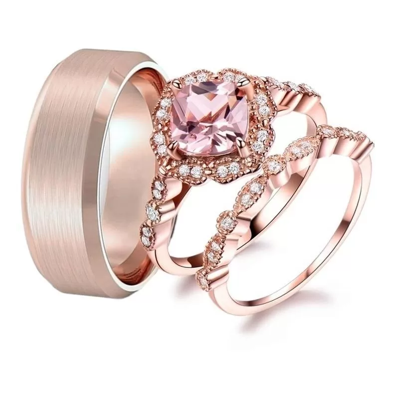 Rose Gold Cubic Zirconia & Rhinestone and Brushed Wedding Ring Set