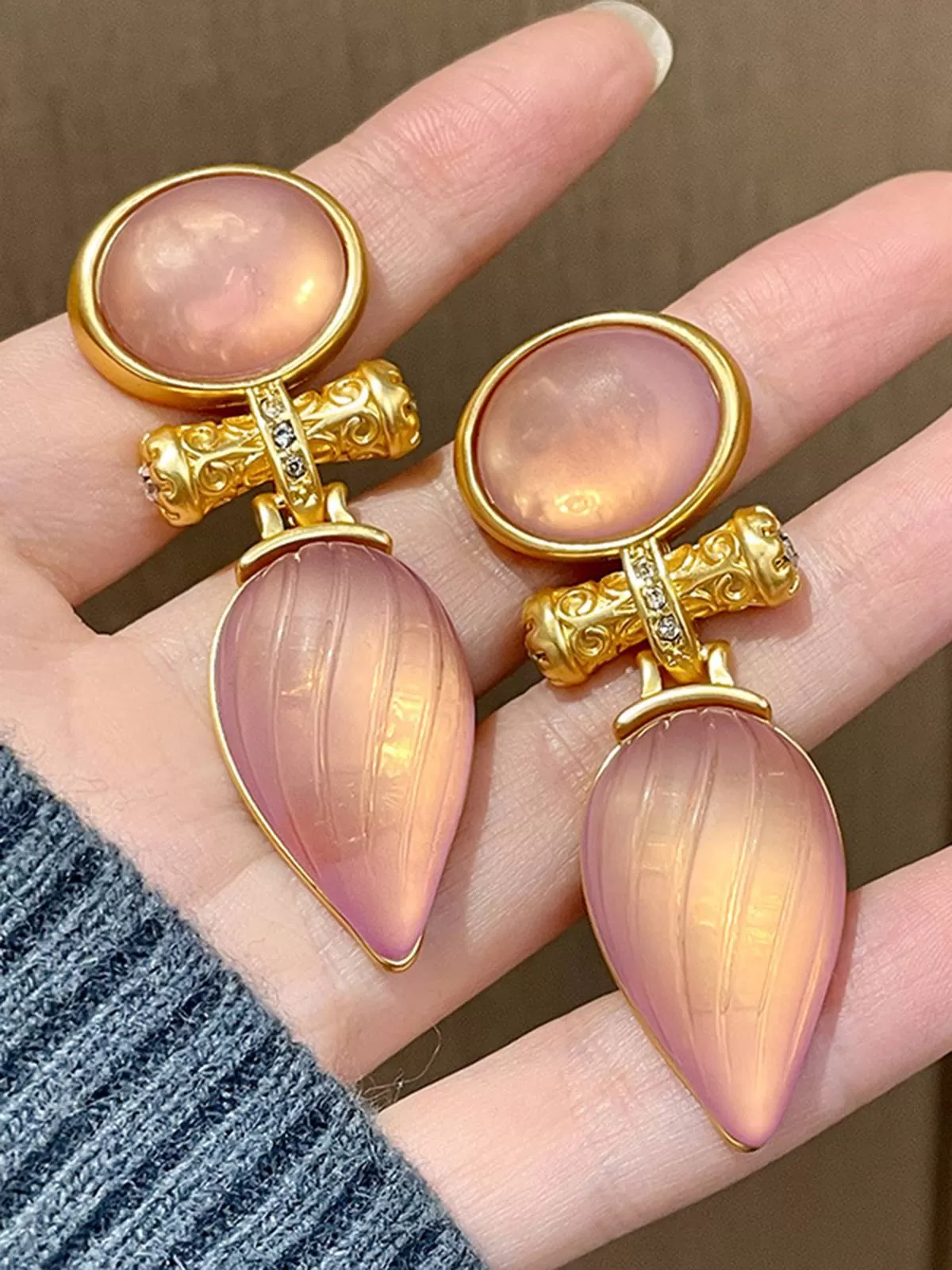 Rose Gold Vintage Water Drop Stripe Earrings