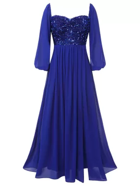 Royal Blue 1920s Sequined Sweetheart Neck Maxi Dress