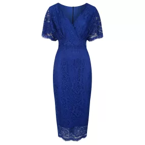 Royal Blue Vintage Lace Detail Bodycon Midi Pencil Dress