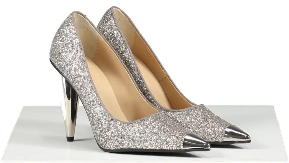 Russell & Bromley Metallic Glitter Ump With Block Silver Heels UK 5 EU 38 👠