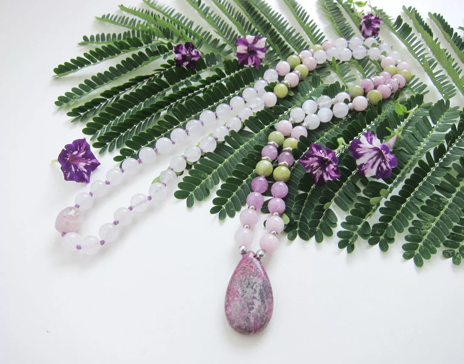 SALE - Bohemian Selenite, Kunzite Mala Beaded Jasper Pendant Necklace