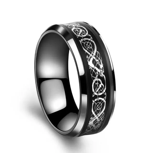 Silver Celtic Dragon Inlay and Black Cubic Zirconia Stainless Steel Wedding Ring Set