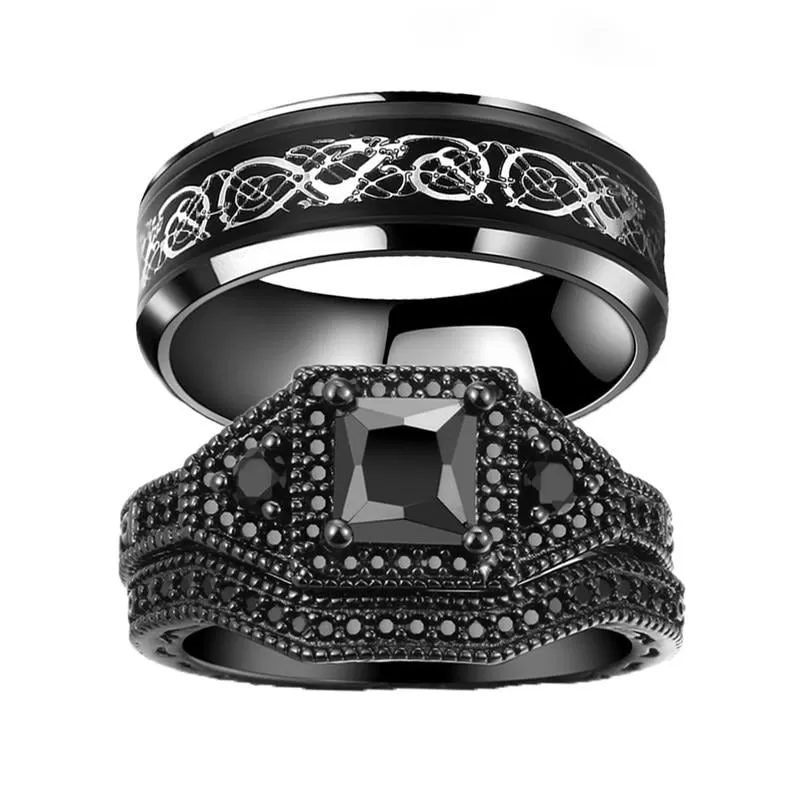 Silver Celtic Dragon Inlay and Black Cubic Zirconia Stainless Steel Wedding Ring Set