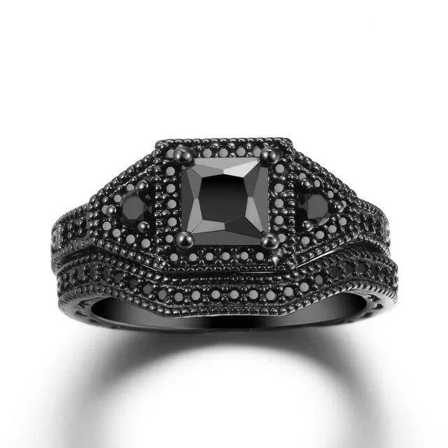 Silver Celtic Dragon Inlay and Black Cubic Zirconia Stainless Steel Wedding Ring Set