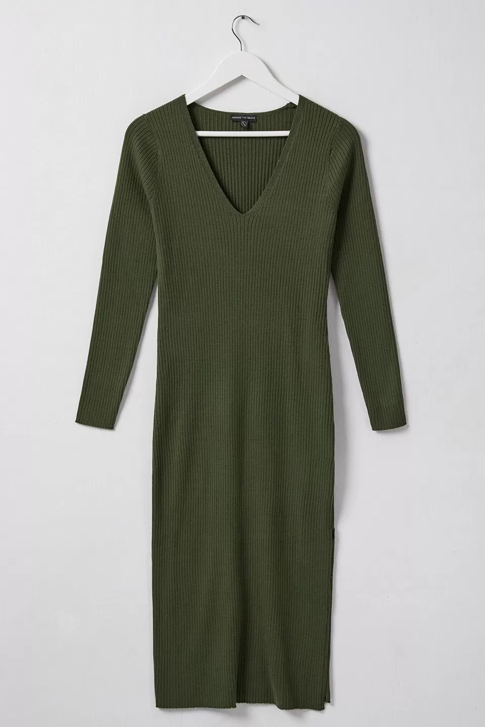 Skillful Dark Khaki LS Rib Knit V Neck Midi Dress