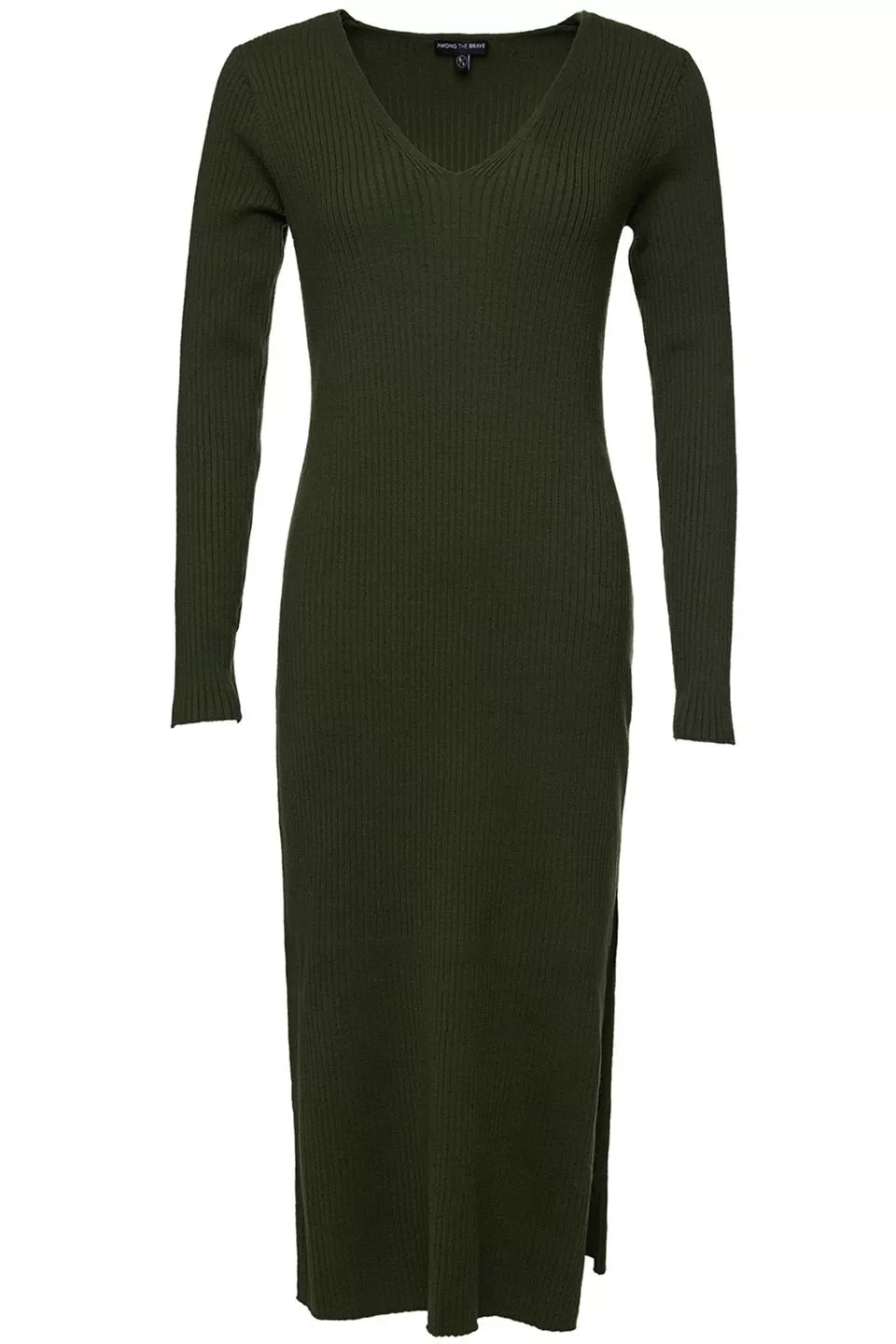 Skillful Dark Khaki LS Rib Knit V Neck Midi Dress