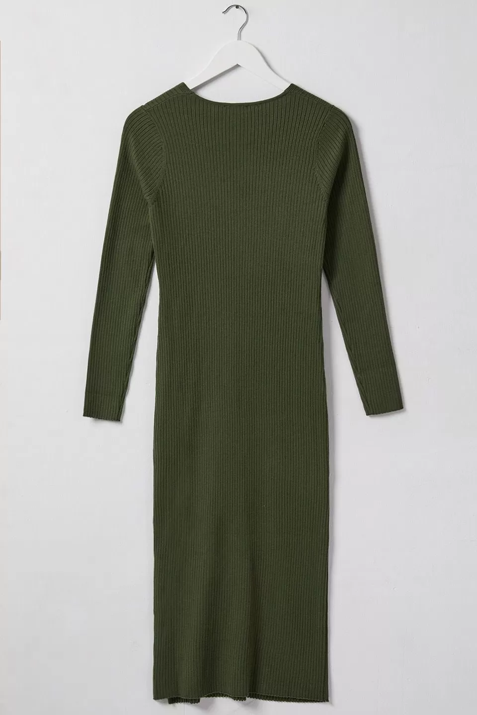 Skillful Dark Khaki LS Rib Knit V Neck Midi Dress