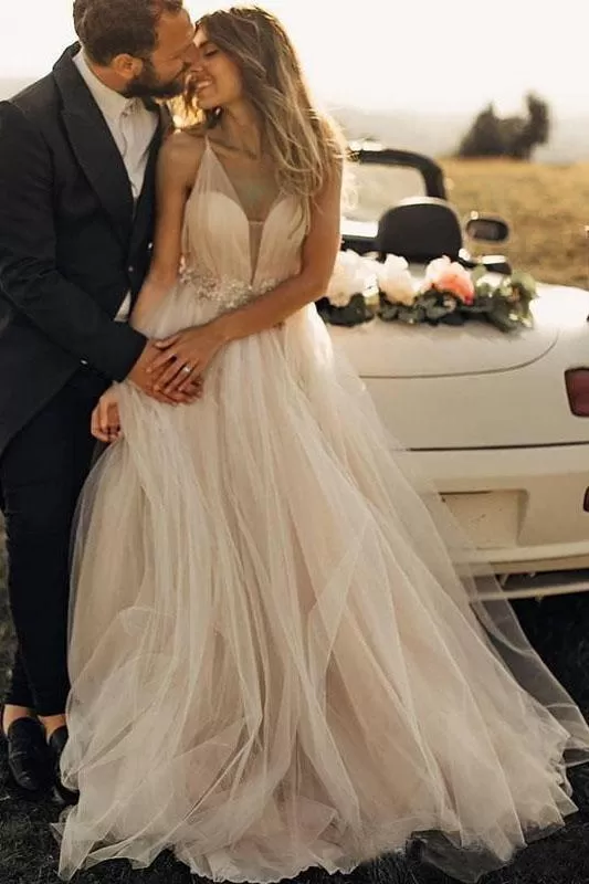 Spaghetti Straps Tulle Deep V-Neck Wedding Dresses, Romantic Bohemian Beach Bridal Dress STK15421