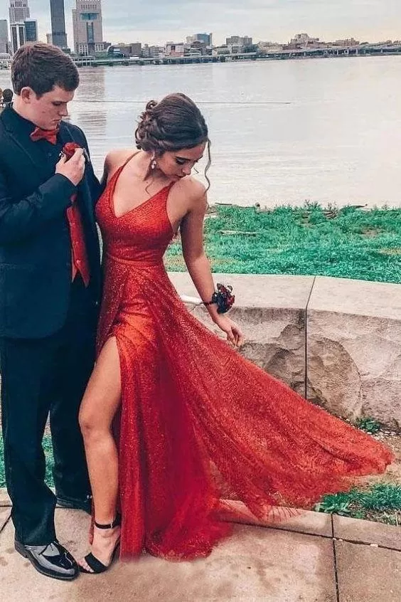 Sparkly V Neck A Line Red Spaghetti Straps Prom Dresses with Slit, Evening STK15675