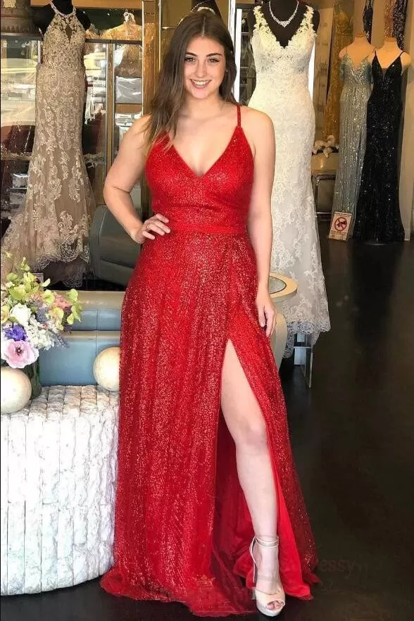 Sparkly V Neck A Line Red Spaghetti Straps Prom Dresses with Slit, Evening STK15675