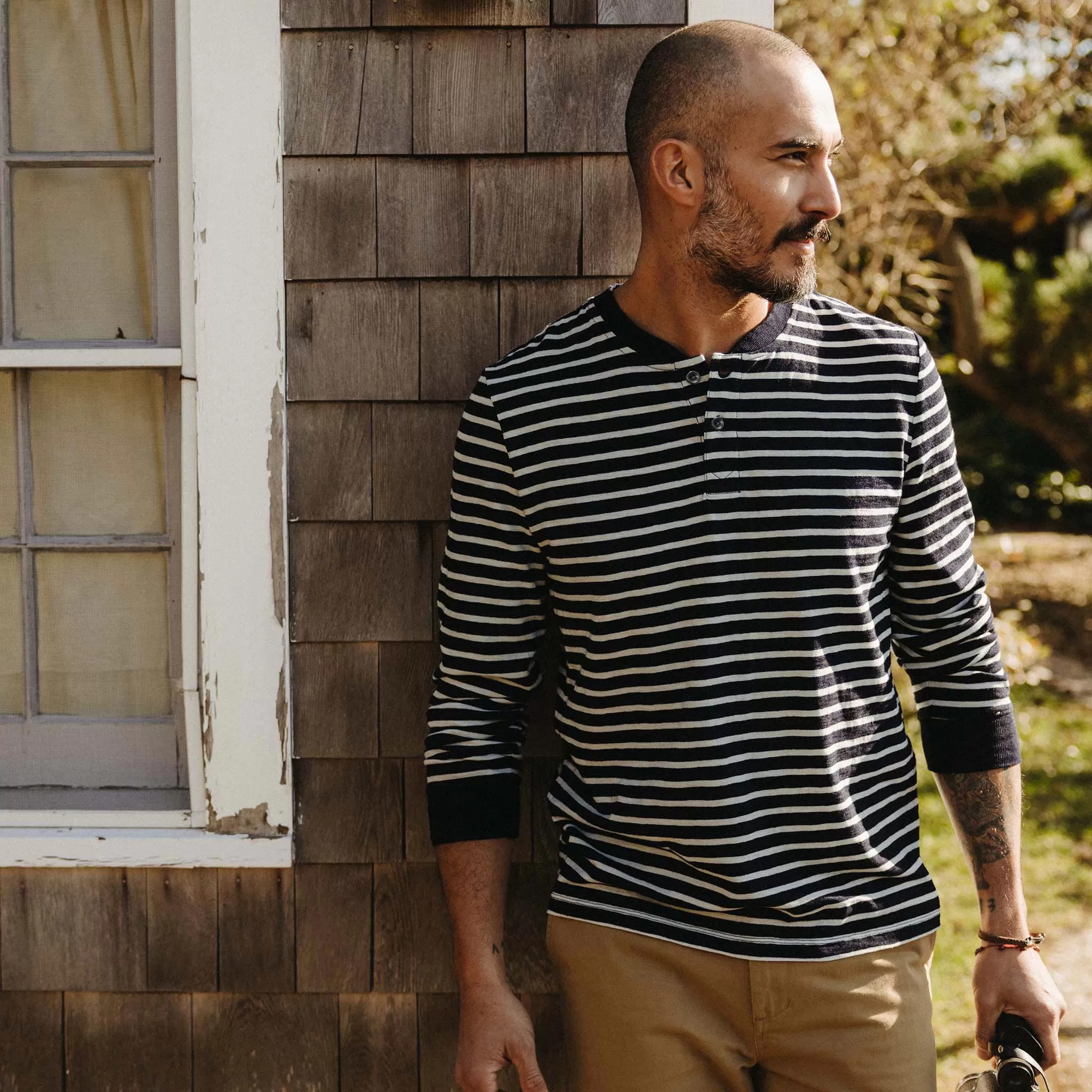 The Organic Cotton Henley in Rinsed Indigo Stripe