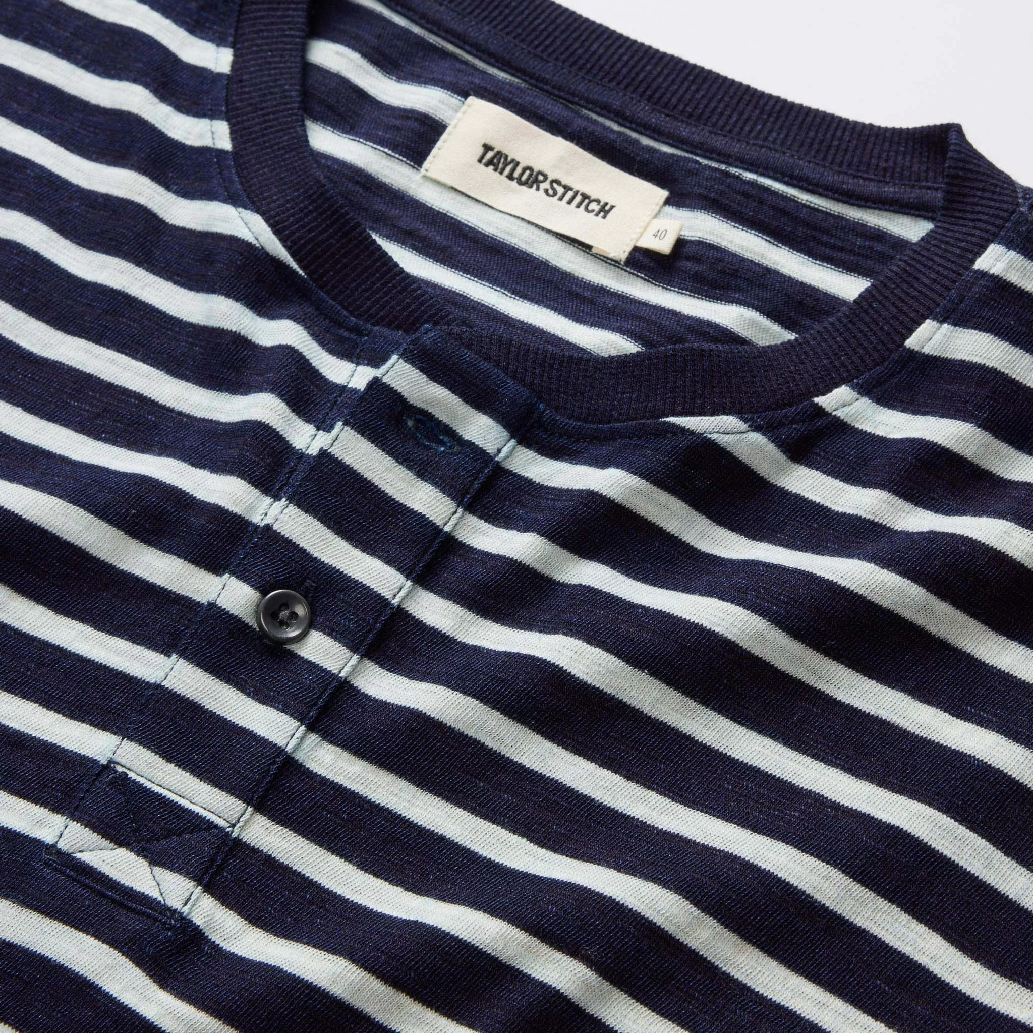 The Organic Cotton Henley in Rinsed Indigo Stripe