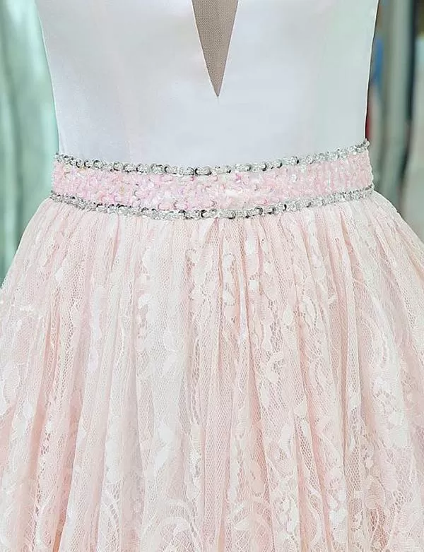 V-Neck Sleeveless Lace Long Pink Prom Dresses With Beading Tiered Evening Dress