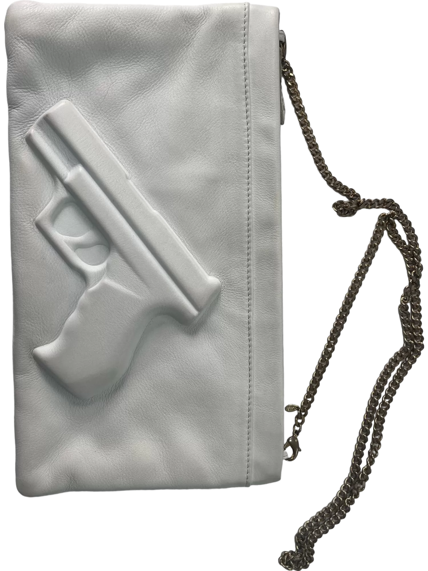 Vlieger & Vandam White Embossed Gun Chain Strap Leather Clutch Bag