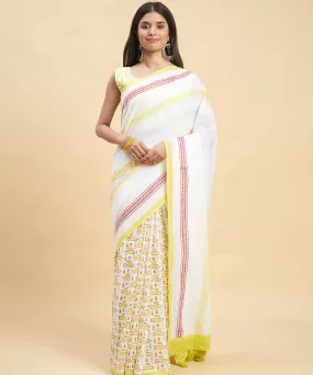 White yellow hand block cotton sanganeri printed saree