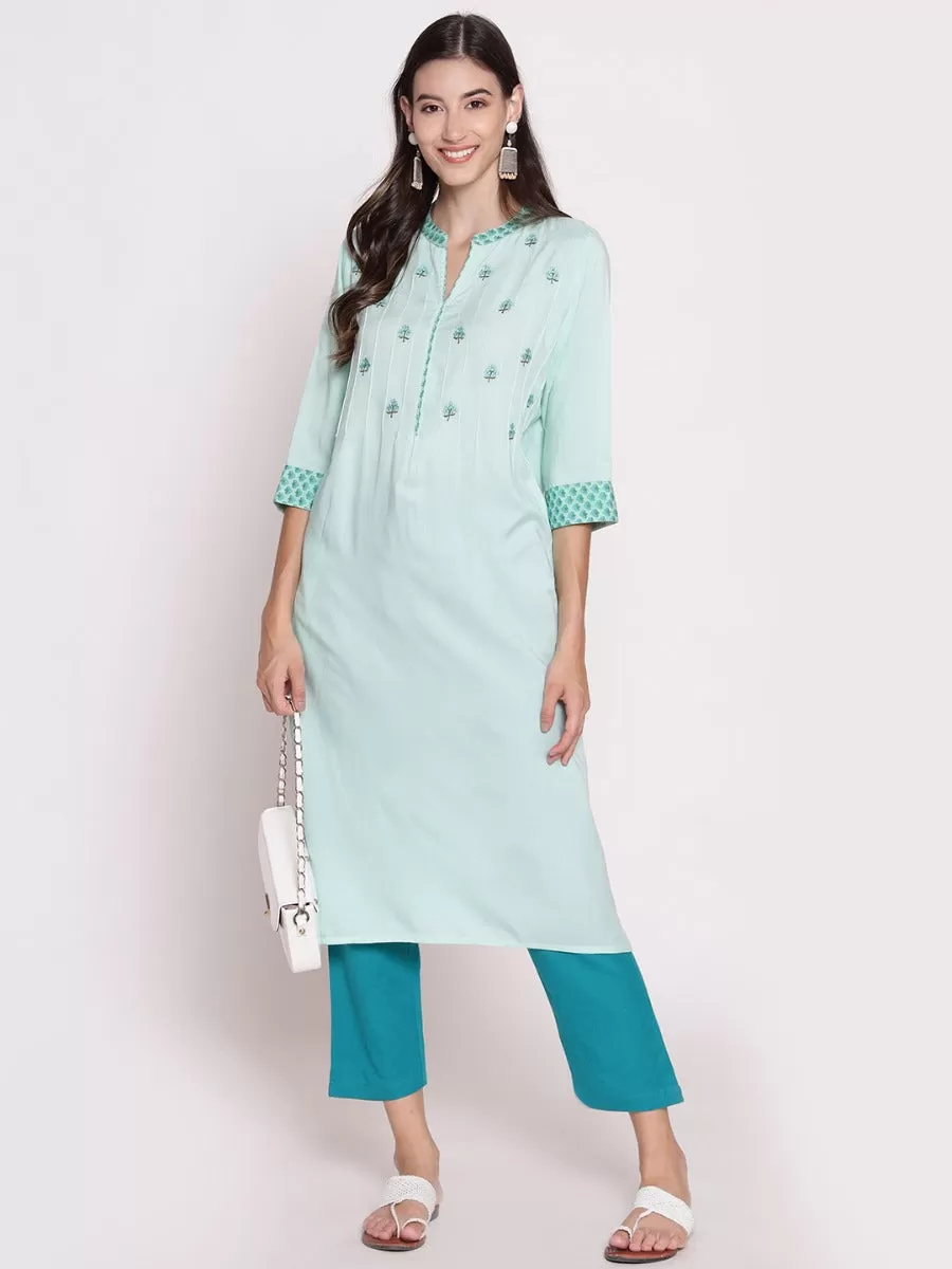 Women Aqua Blue Embroidered Kurta