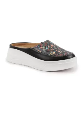 Women Black Stiched Floral Print Back Open Height Enhancer Flatform Heel Slip On Casual Shoes