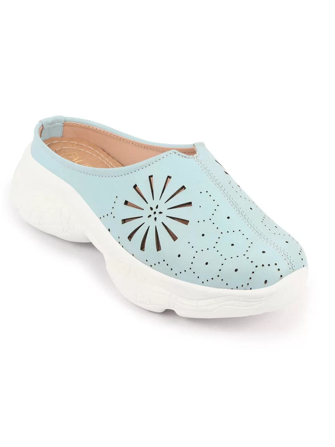 Women Sky Blue Laser Cut Design Stitched Breathable Back Open Slip On Mules Shoes