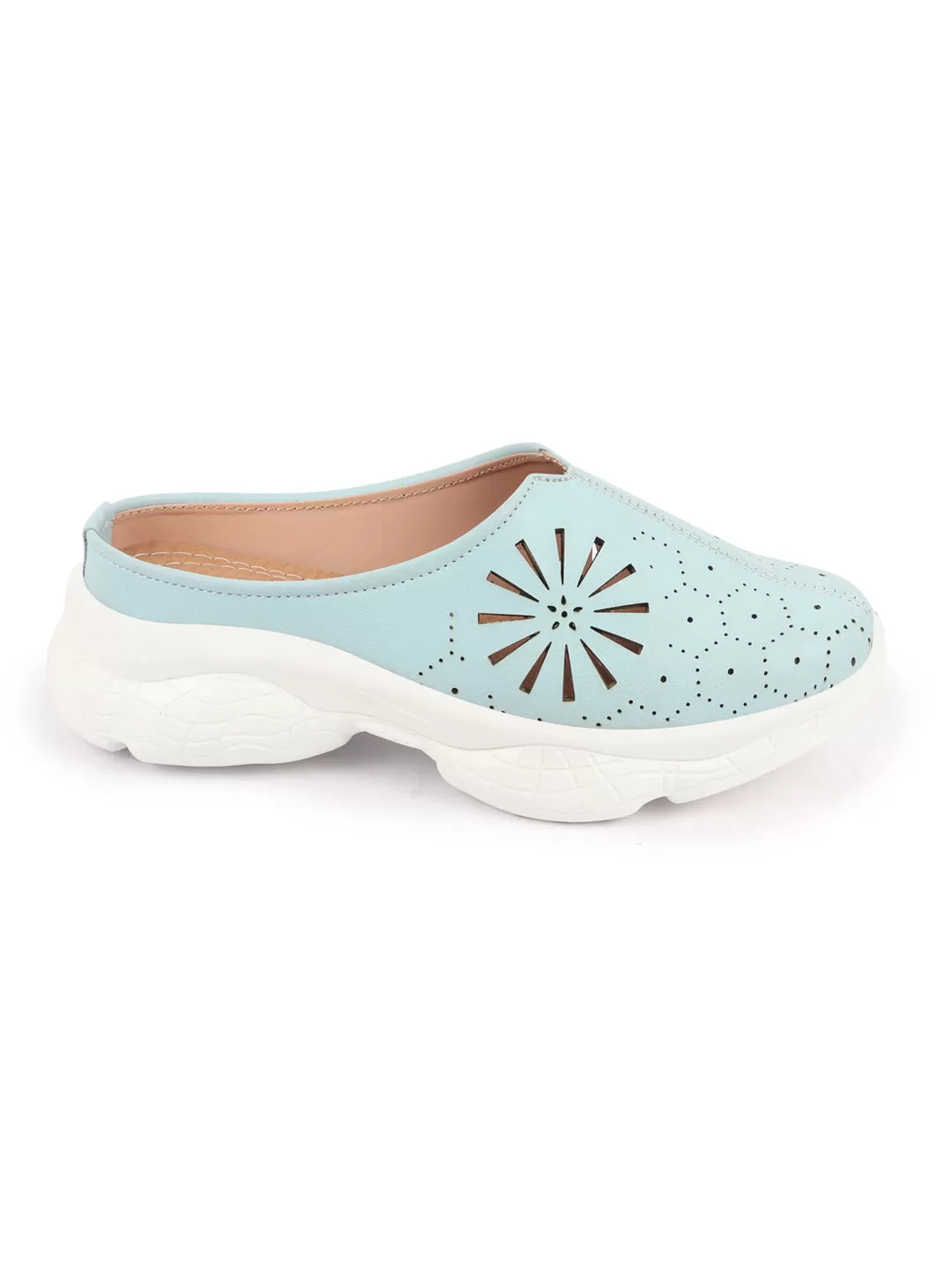 Women Sky Blue Laser Cut Design Stitched Breathable Back Open Slip On Mules Shoes