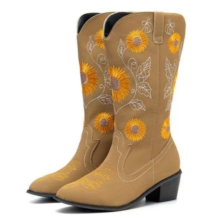 Women's Embroidery Chunky Heel Round Toe Cowgirl Boots