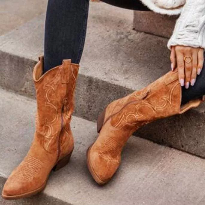 Women's Embroidery Mid Calf Chunky Heel Western Cowboy Boots