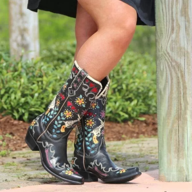 Women's Embroidery Pointed Toe Chunky Heel Western Cowboy Boots